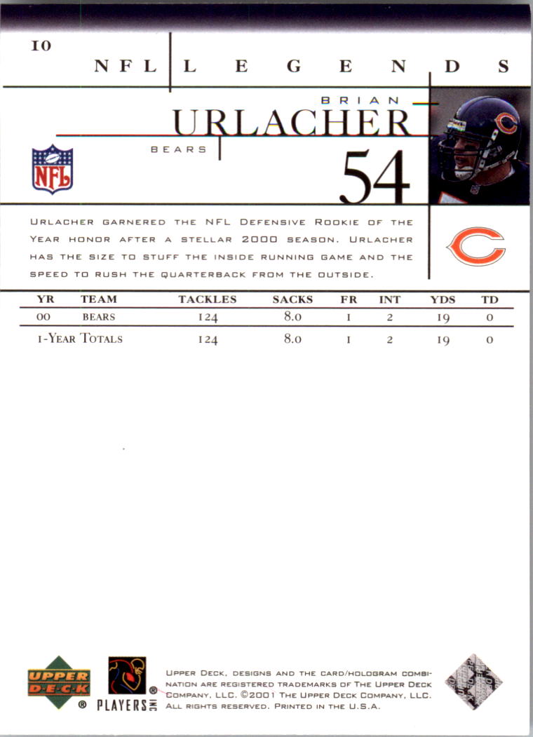 2001 Upper Deck Legends #10 Brian Urlacher back image