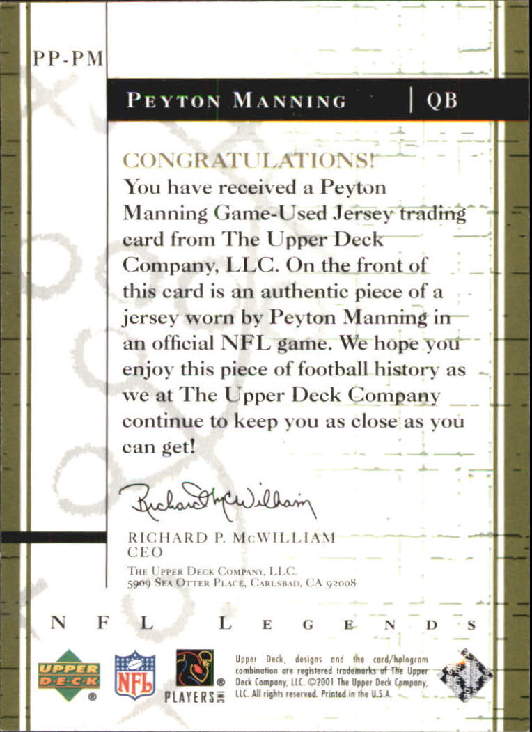 2001 Upper Deck Legends Past Patterns Jerseys #PPPM Peyton Manning back image