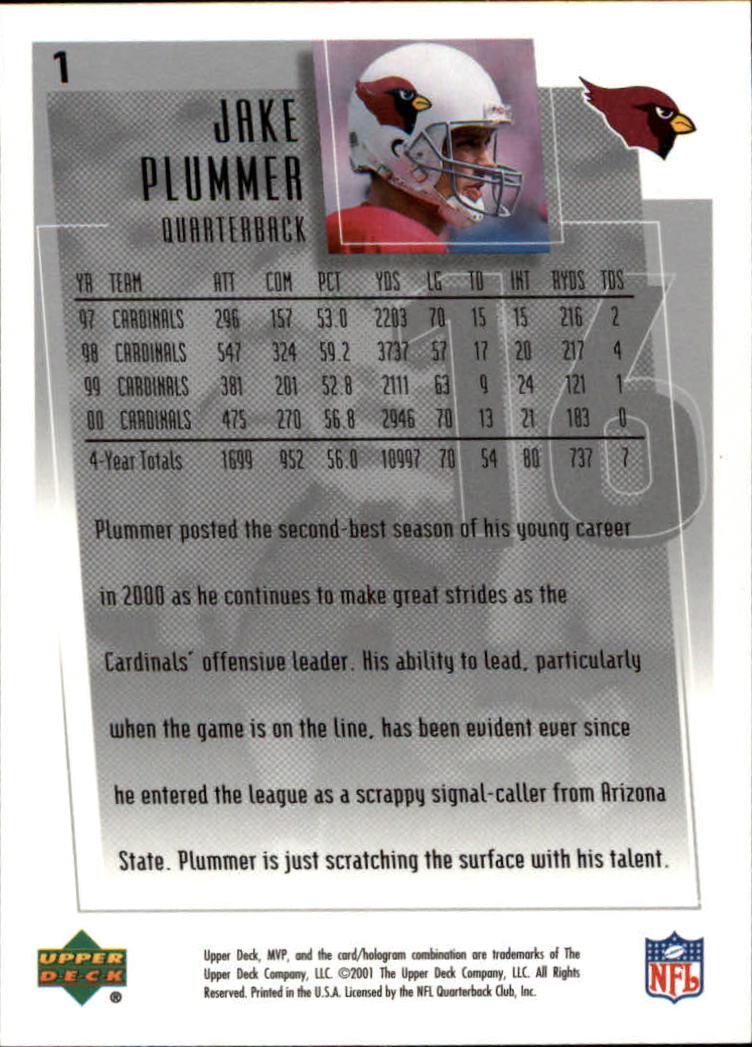 2001 Upper Deck MVP #1 Jake Plummer back image