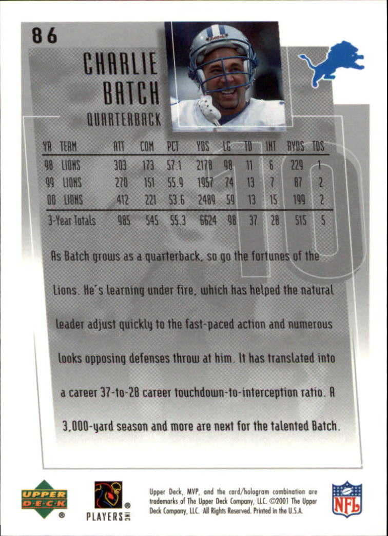 2001 Upper Deck MVP #86 Charlie Batch back image