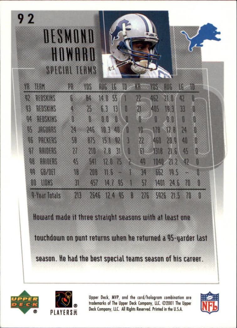 2001 Upper Deck MVP #92 Desmond Howard back image