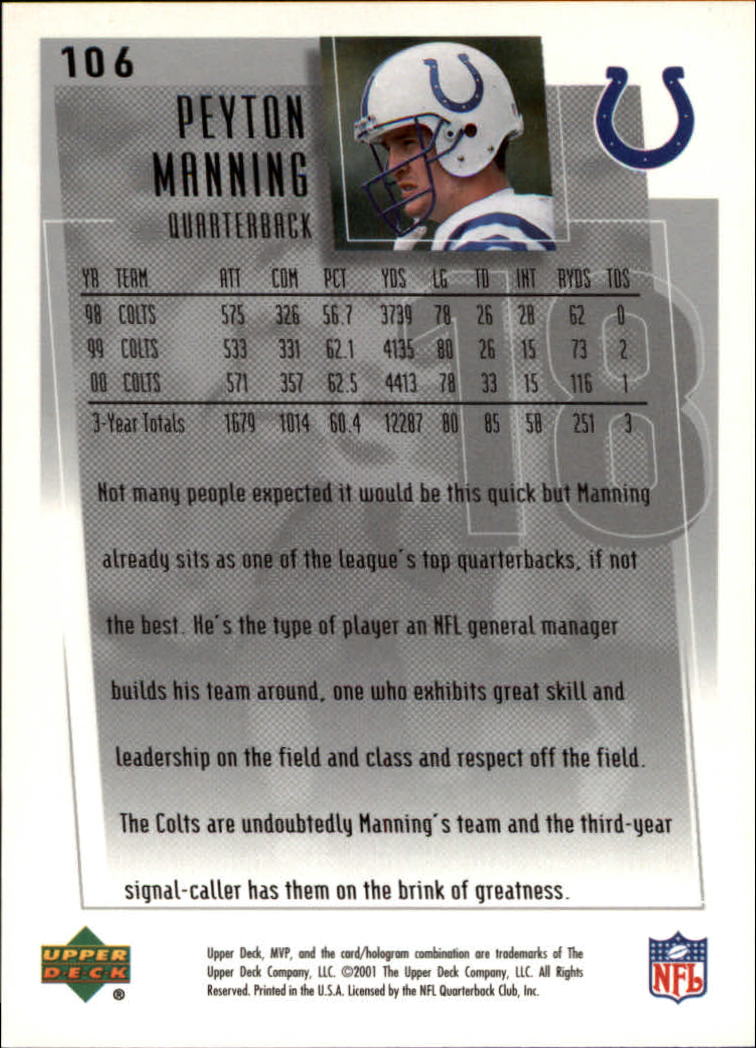 2001 Upper Deck MVP #106 Peyton Manning back image