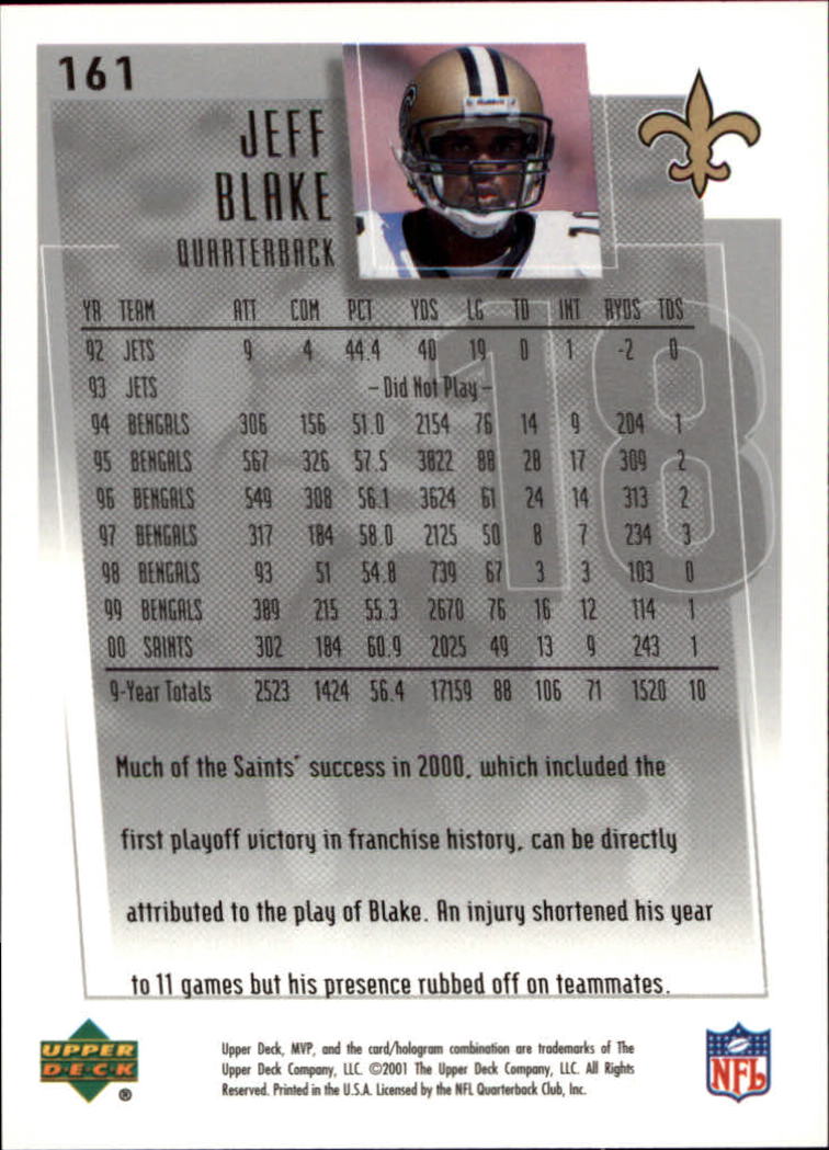 2001 Upper Deck MVP #161 Jeff Blake back image