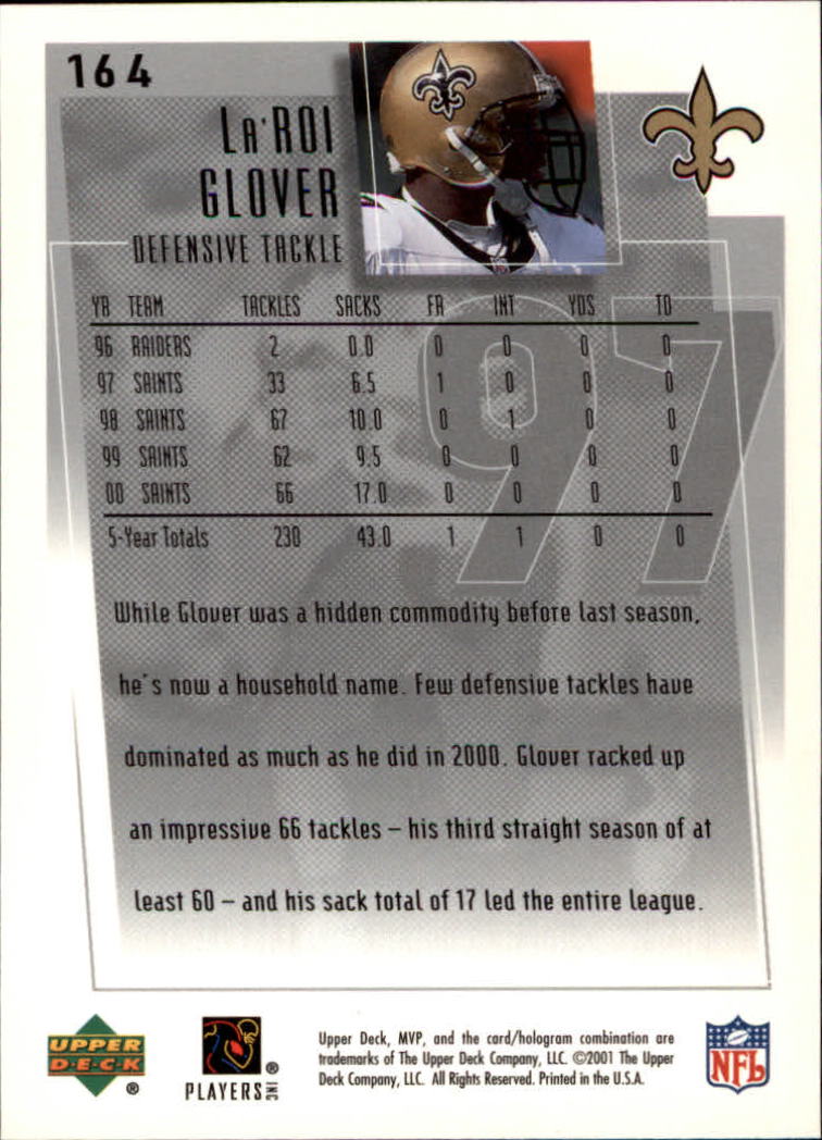 2001 Upper Deck MVP #164 La'Roi Glover back image