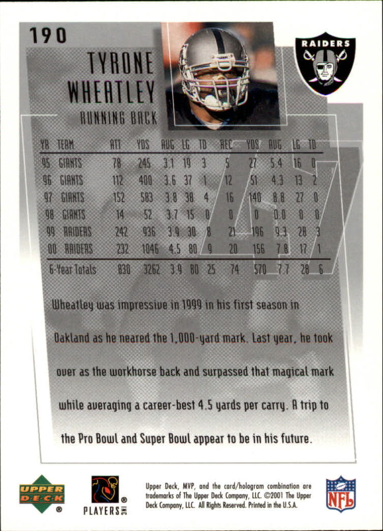 2001 Upper Deck MVP #190 Tyrone Wheatley back image