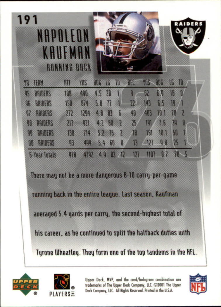 2001 Upper Deck MVP #191 Napoleon Kaufman back image