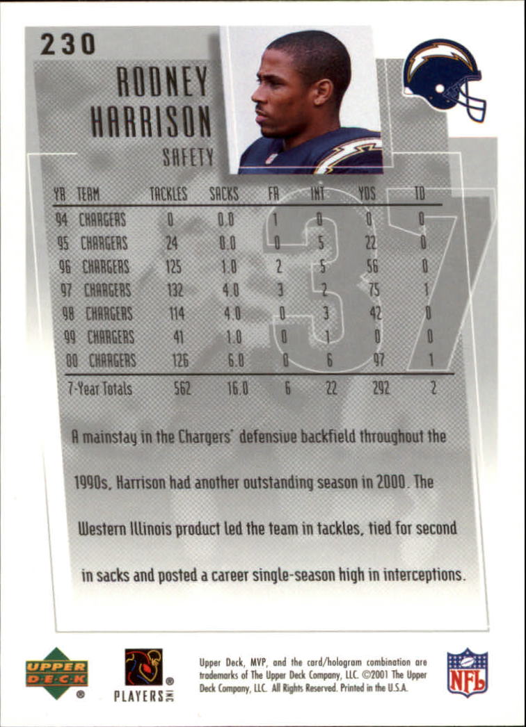 2001 Upper Deck MVP #230 Rodney Harrison back image