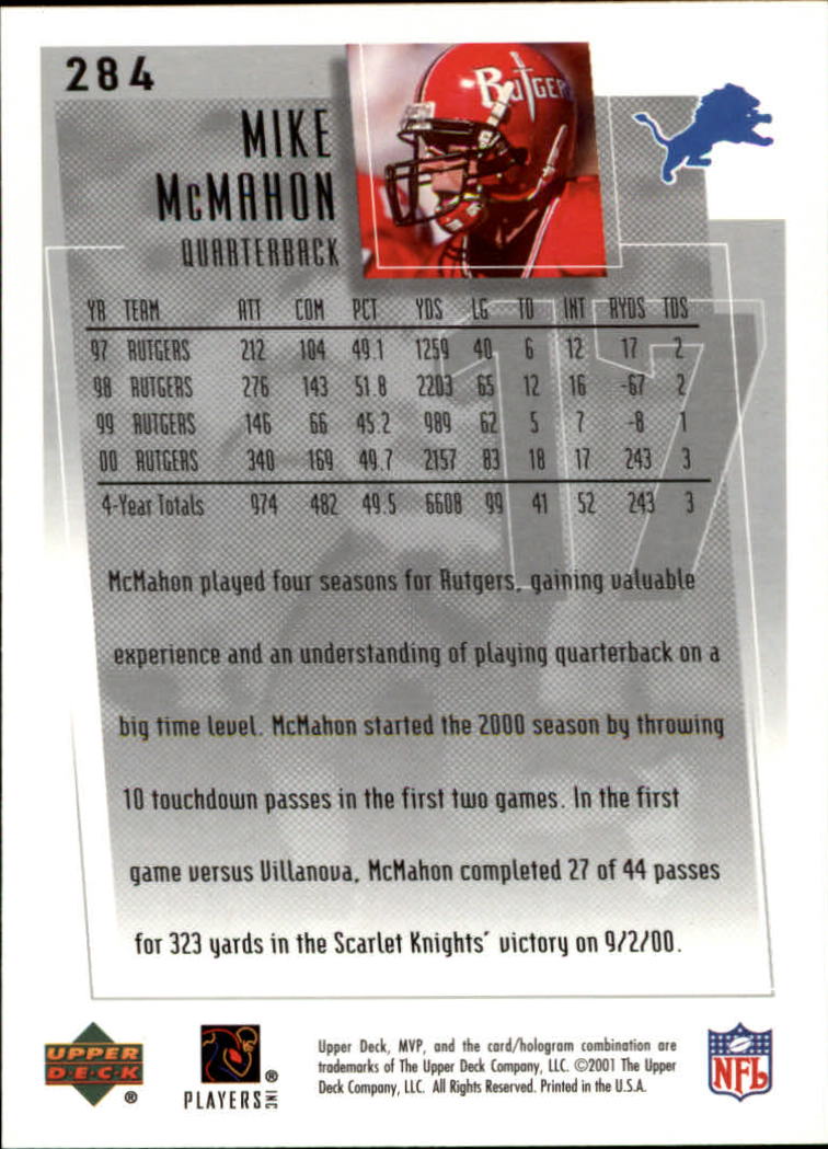 2001 Upper Deck MVP #284 Mike McMahon RC back image