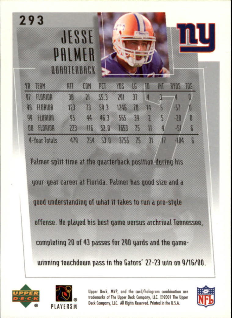 2001 Upper Deck MVP #293 Jesse Palmer RC back image