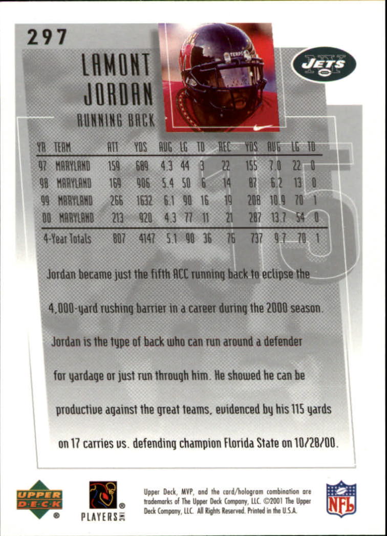 2001 Upper Deck MVP #297 LaMont Jordan RC back image