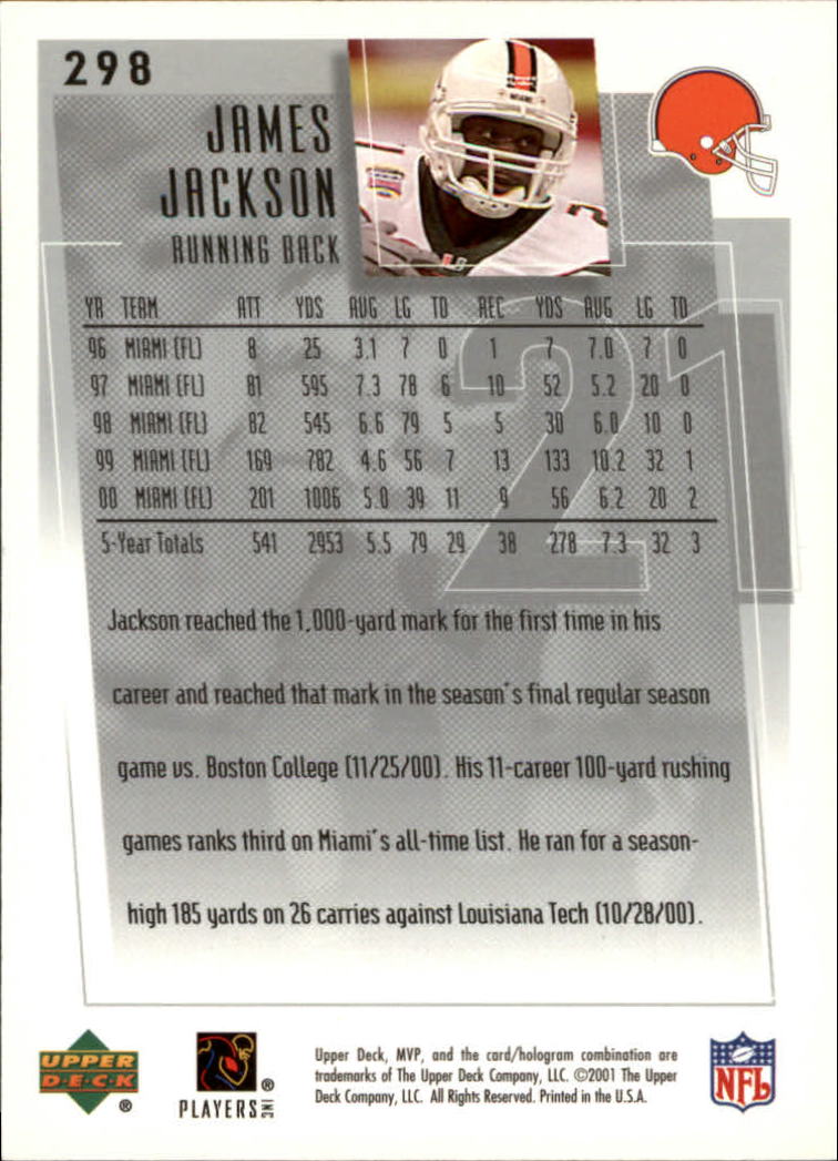 2001 Upper Deck MVP #298 James Jackson RC back image
