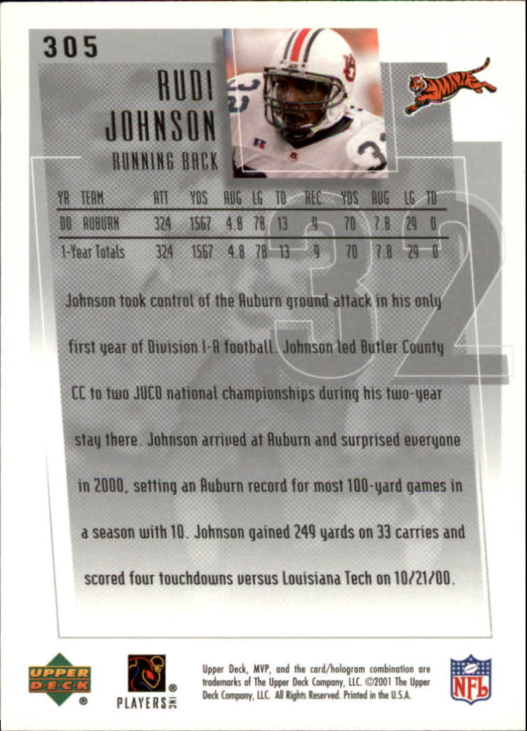 2001 Upper Deck MVP #305 Rudi Johnson RC back image