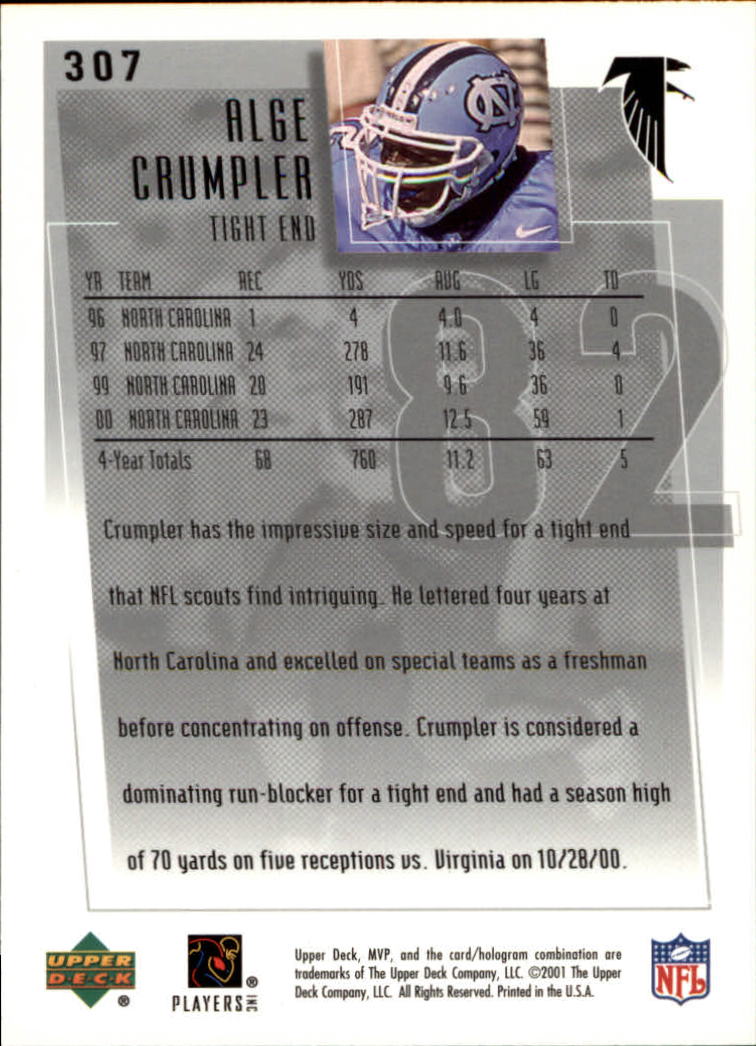 2001 Upper Deck MVP #307 Alge Crumpler RC back image