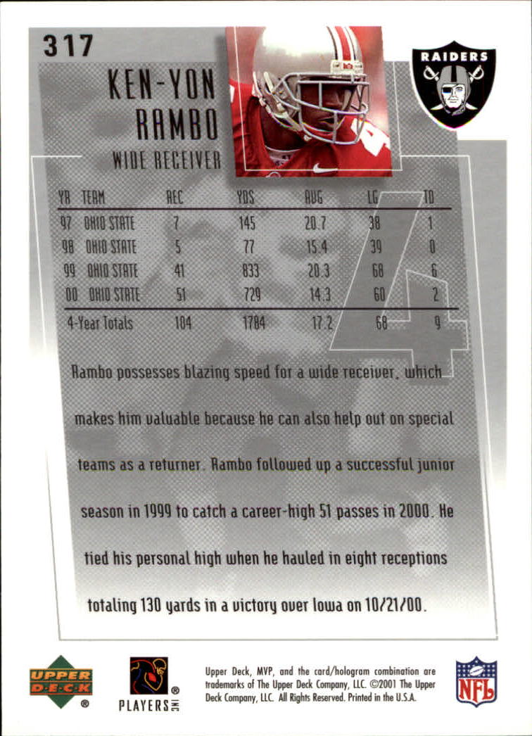2001 Upper Deck MVP #317 Ken-Yon Rambo RC back image