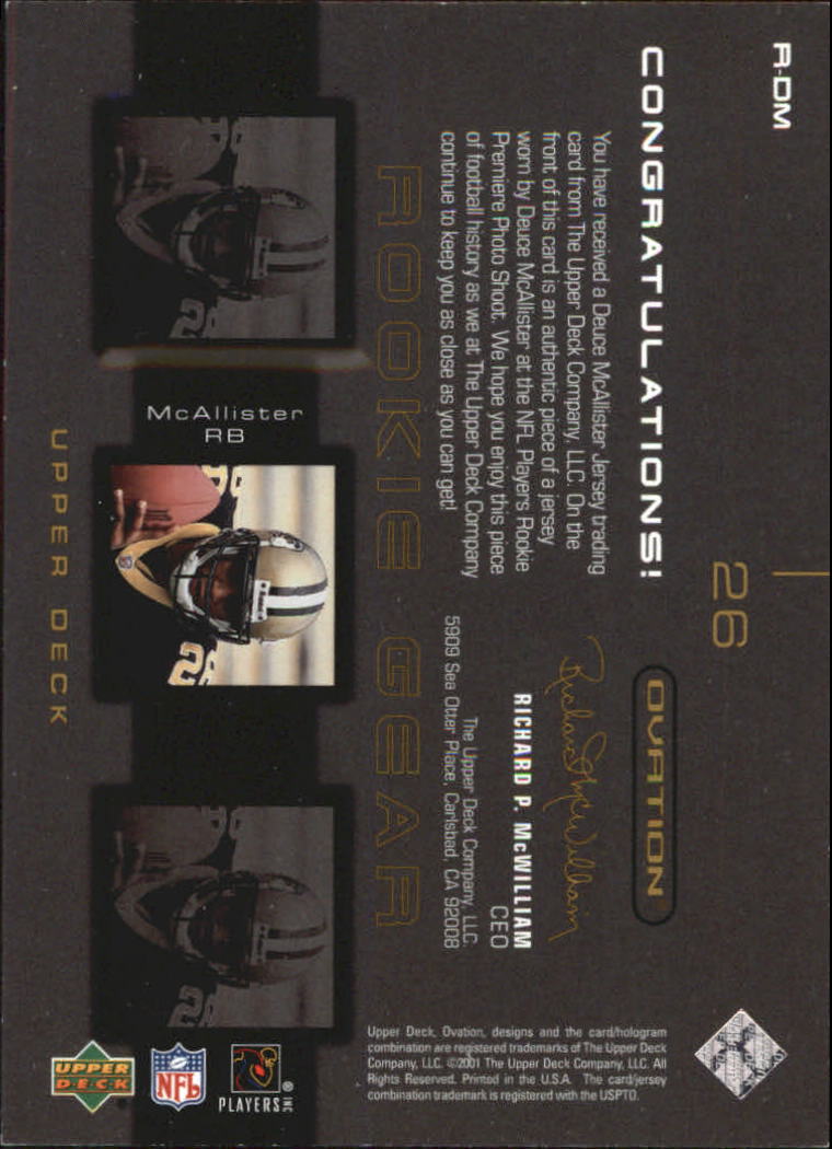 2001 Upper Deck Ovation Rookie Gear #RDM Deuce McAllister back image