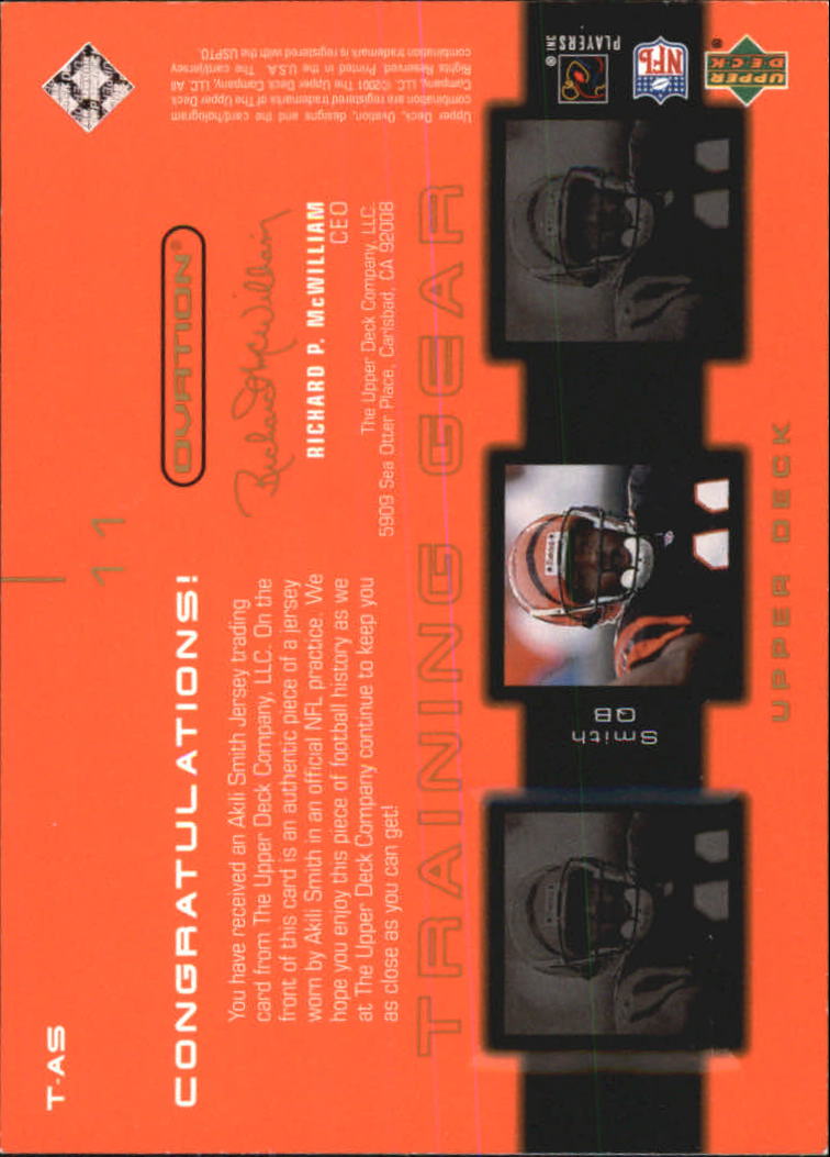 2001 Upper Deck Ovation Training Gear #TAS Akili Smith back image
