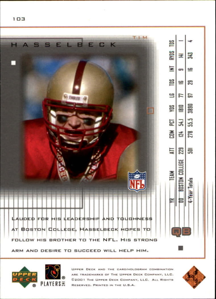 2001 Upper Deck Pros and Prospects #103 Tim Hasselbeck RC back image