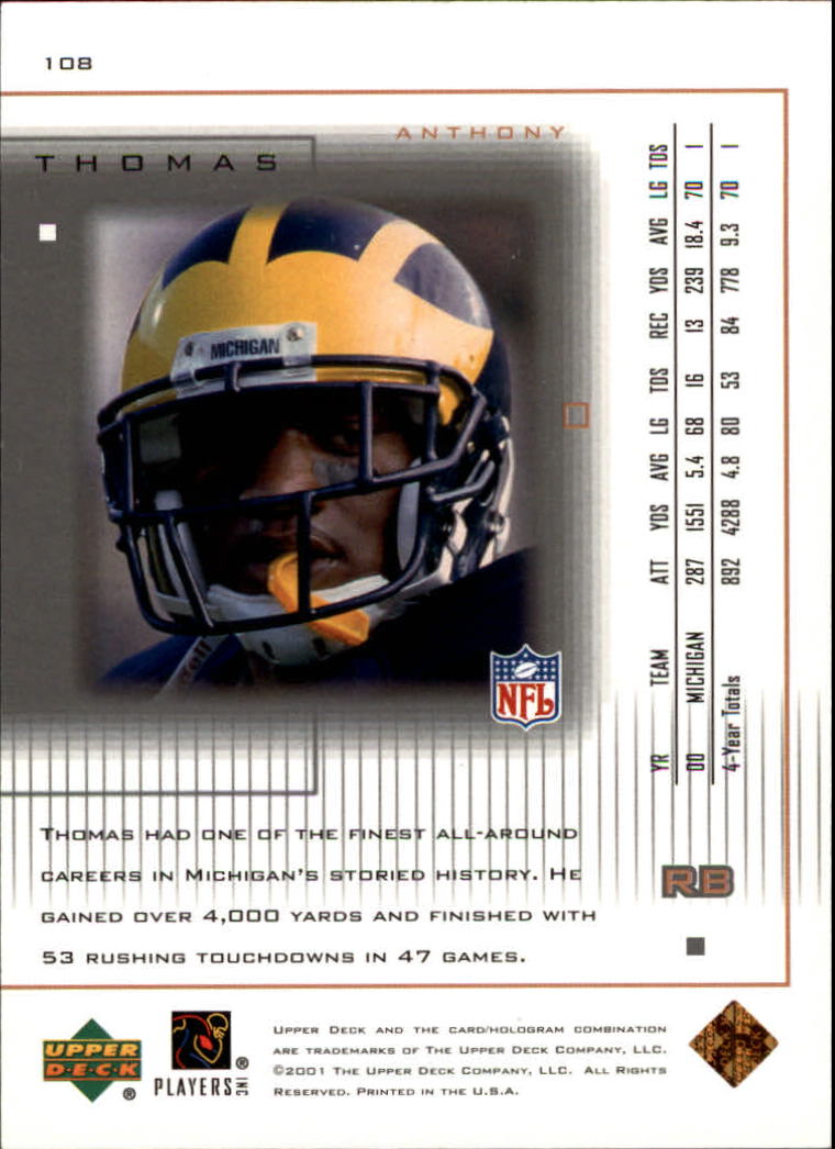 2001 Upper Deck Pros and Prospects #108 Anthony Thomas RC back image