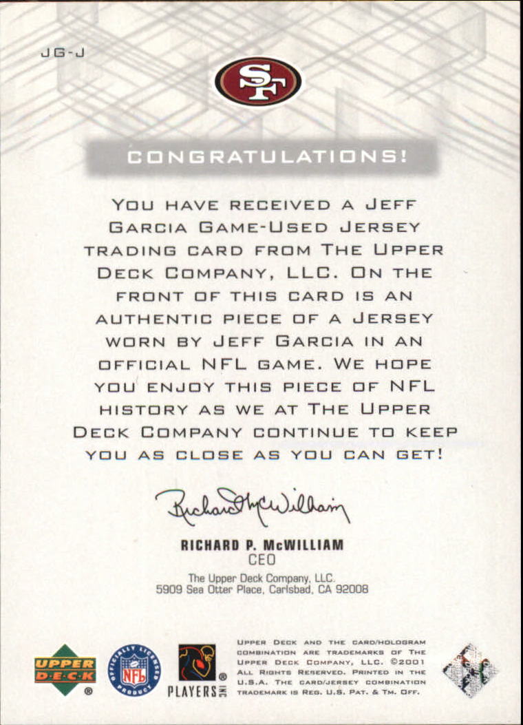 2001 Upper Deck Pros and Prospects Game Jersey #JGJ Jeff Garcia back image