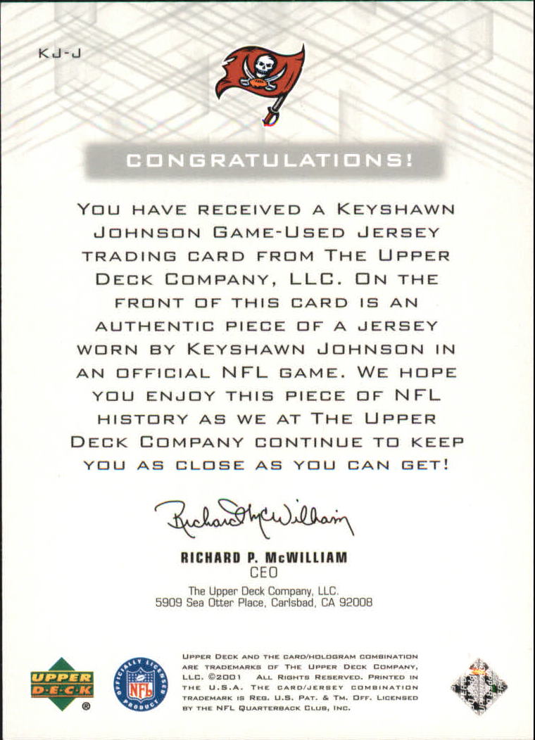 2001 Upper Deck Pros and Prospects Game Jersey #KJJ Keyshawn Johnson back image
