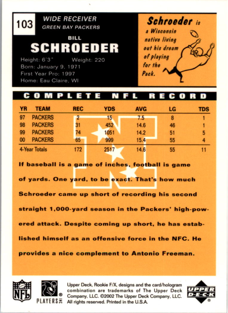 2001 Upper Deck Rookie F/X #103 Bill Schroeder back image