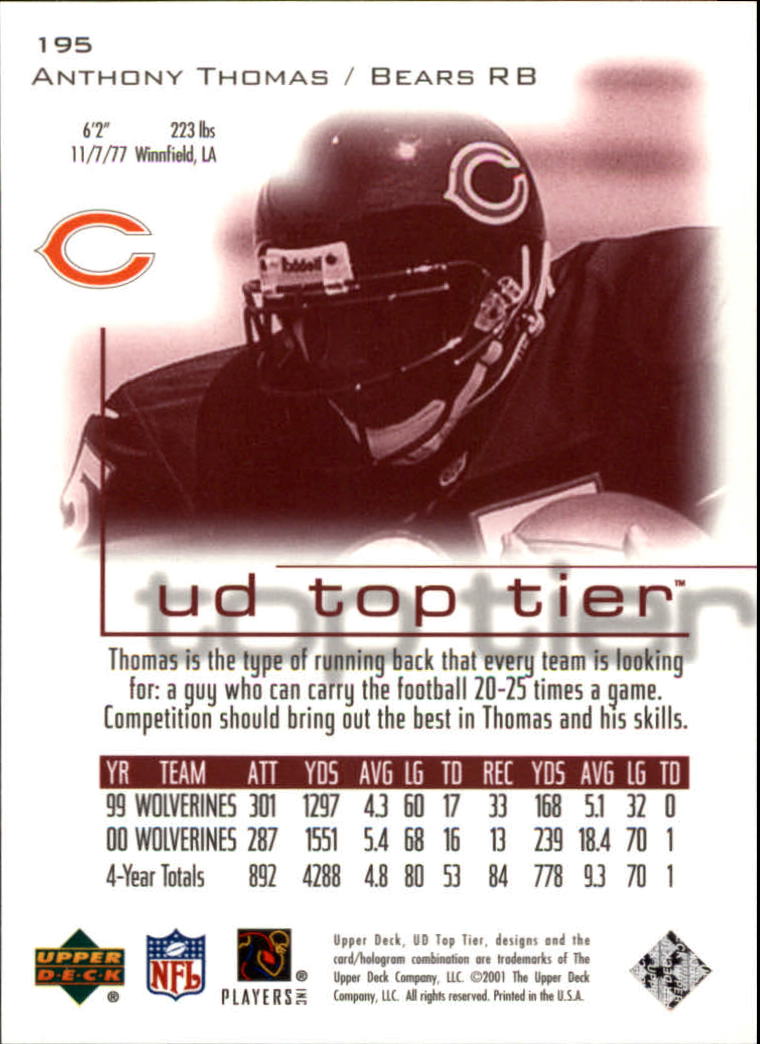 2001 Upper Deck Top Tier #195 Anthony Thomas/1500 RC back image