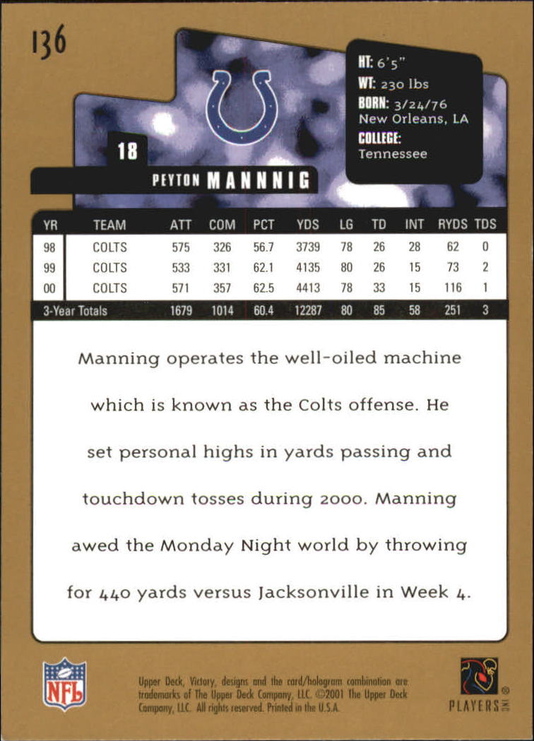 2001 Upper Deck Victory Gold #136 Peyton Manning back image