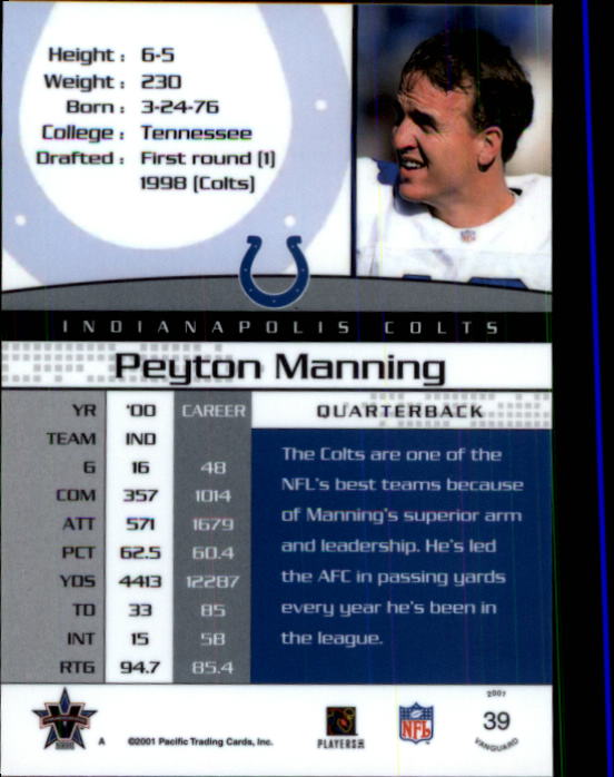 2001 Vanguard #39 Peyton Manning back image