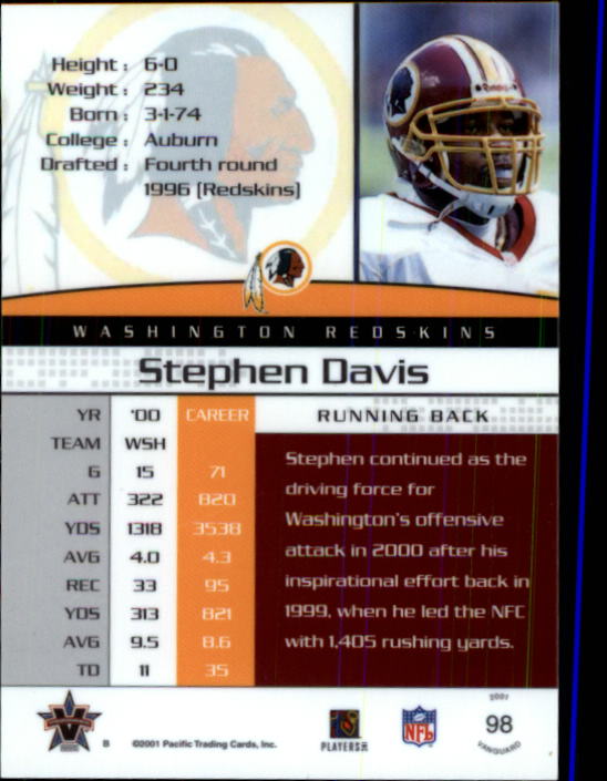 2001 Vanguard #98 Stephen Davis back image