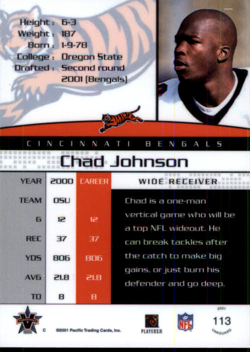 2001 Vanguard #113 Chad Johnson RC back image