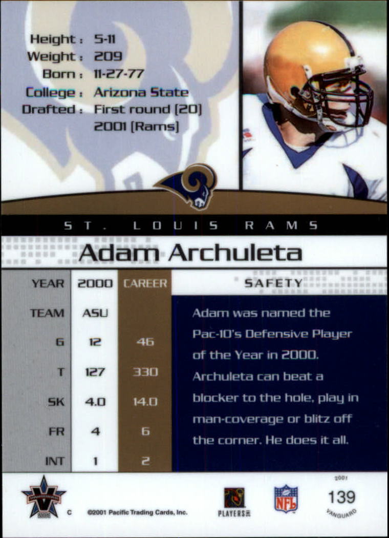 2001 Vanguard Blue #139 Adam Archuleta back image