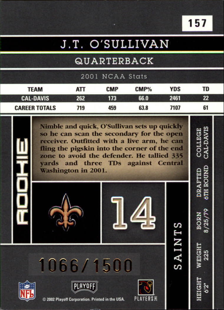 2002 Absolute Memorabilia #157 J.T. O'Sullivan RC back image