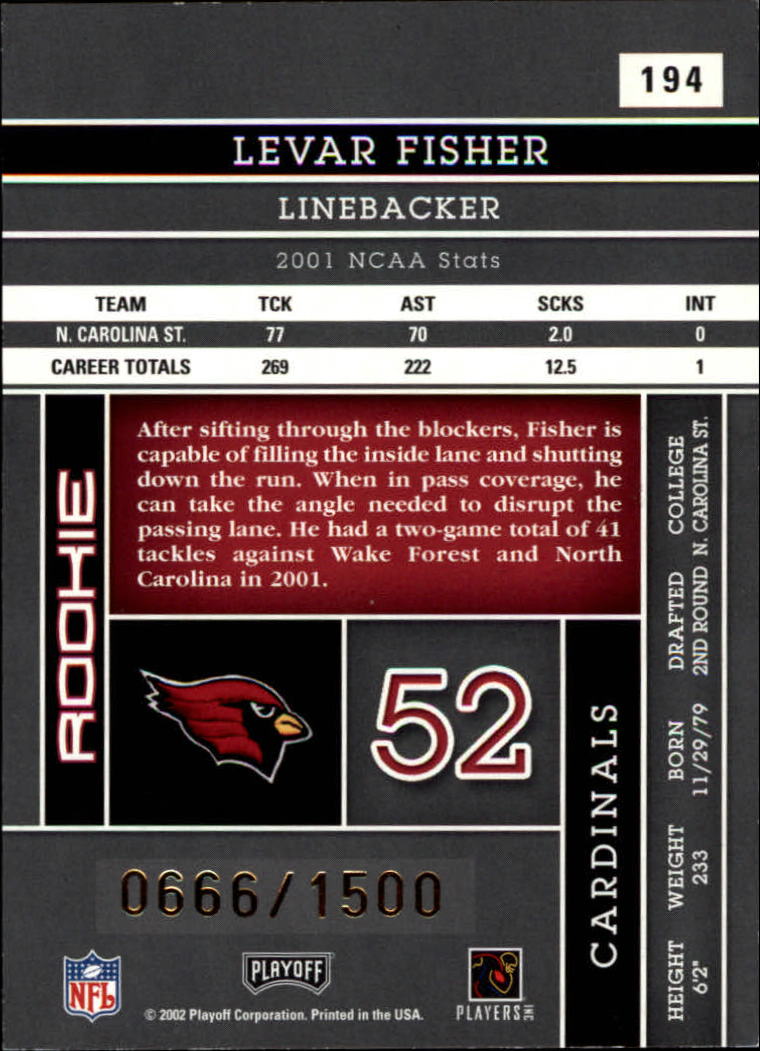 2002 Absolute Memorabilia #194 Levar Fisher RC back image