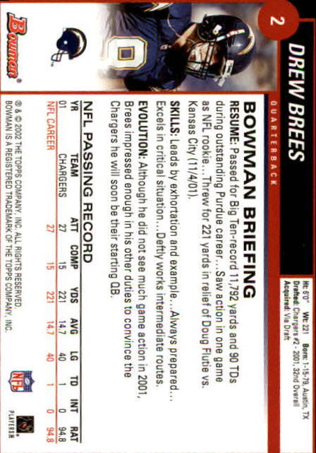 2002 Bowman #2 Drew Brees back image