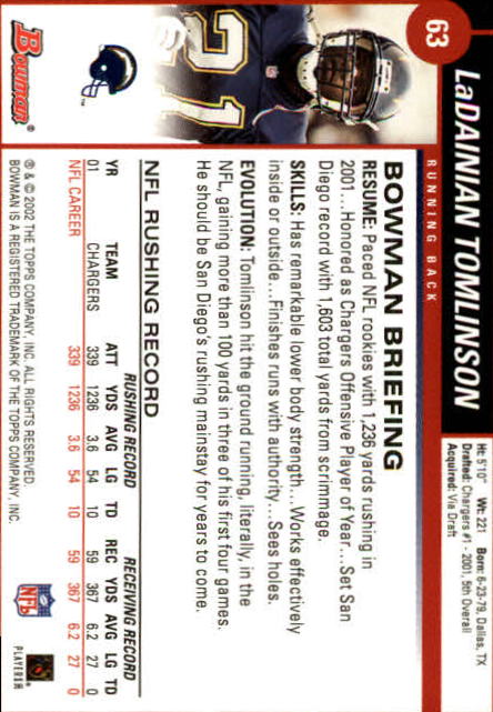 2002 Bowman #63 LaDainian Tomlinson back image