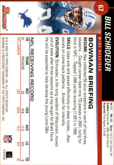2002 Bowman #67 Bill Schroeder back image
