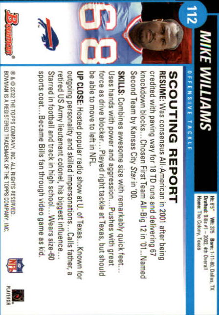 2002 Bowman #112 Mike Williams RC back image