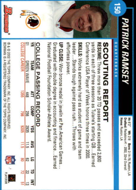 2002 Bowman #150 Patrick Ramsey RC back image
