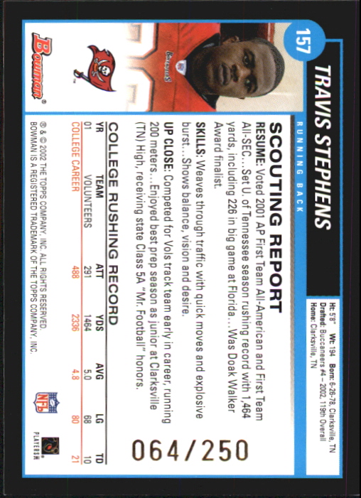 2002 Bowman Silver #157 Travis Stephens back image