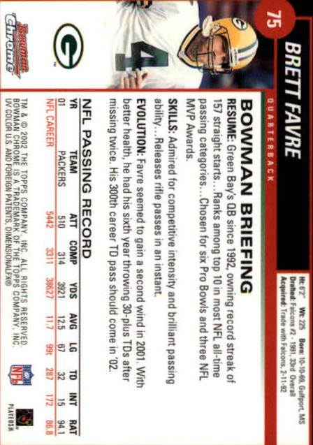 2002 Bowman Chrome #75 Brett Favre back image