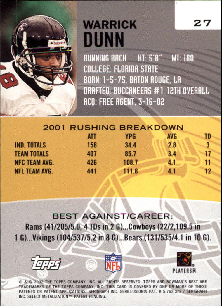 2002 Bowman's Best #27 Warrick Dunn back image