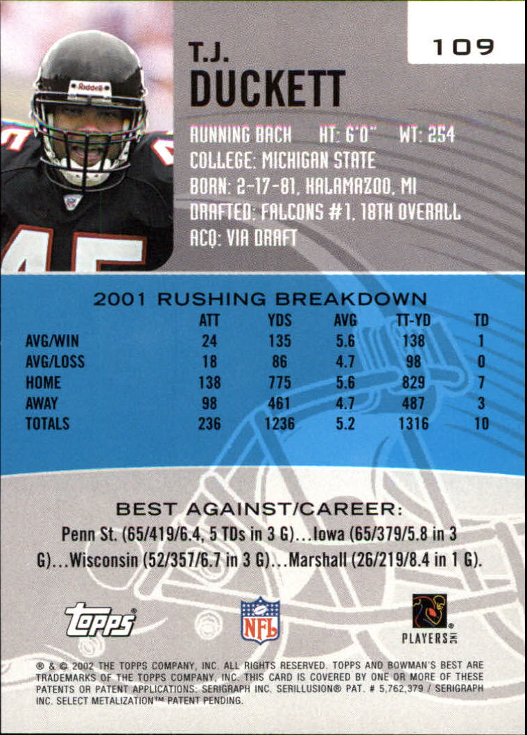 2002 Bowman's Best #109 T.J. Duckett JSY RC back image