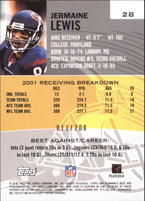 2002 Bowman's Best Red #28 Jermaine Lewis back image