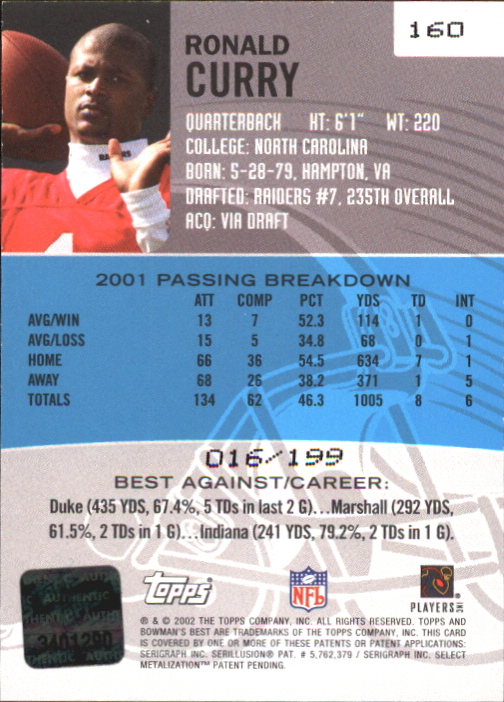 2002 Bowman's Best Red #160 Ronald Curry AU back image