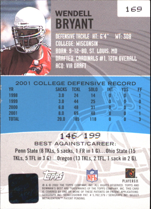 2002 Bowman's Best Red #169 Wendell Bryant AU back image