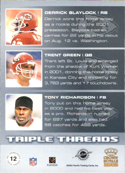 2002 Crown Royale Triple Threads Jerseys #12 Derrick Blaylock/Trent Green/Tony Richardson/776 back image