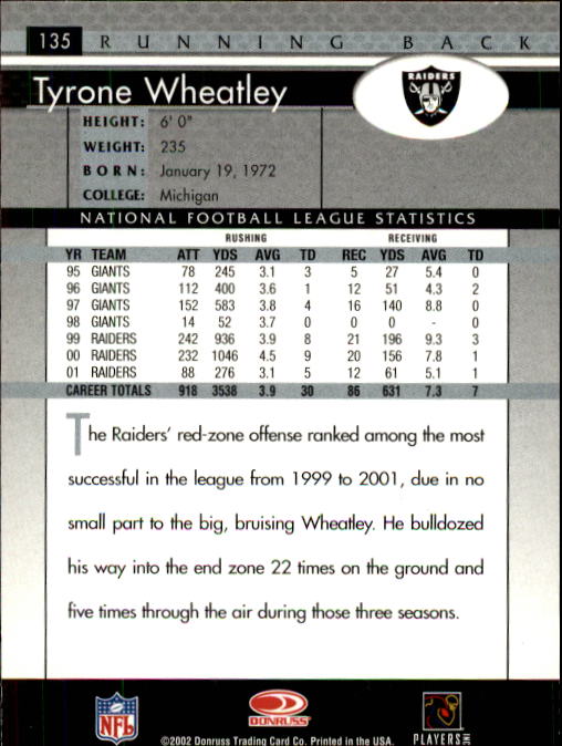 2002 Donruss #135 Tyrone Wheatley back image