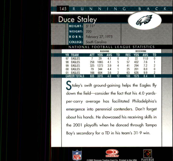 2002 Donruss #145 Duce Staley back image