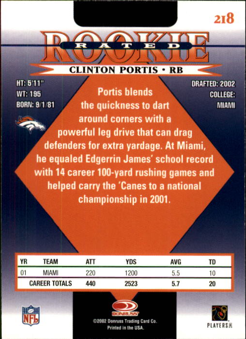 2002 Donruss #218 Clinton Portis RC back image