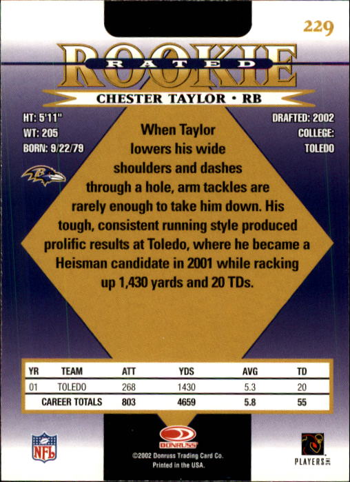 2002 Donruss #229 Chester Taylor RC back image